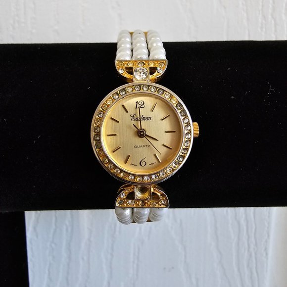 Eastman Quartz Gold Tone Pearl Rhinestone Watch - Picture 2 of 16